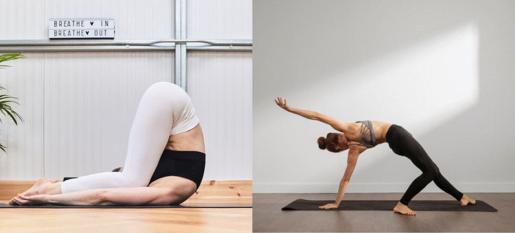 Two women performing a plow pose and a wild thing pose on yoga mats.c