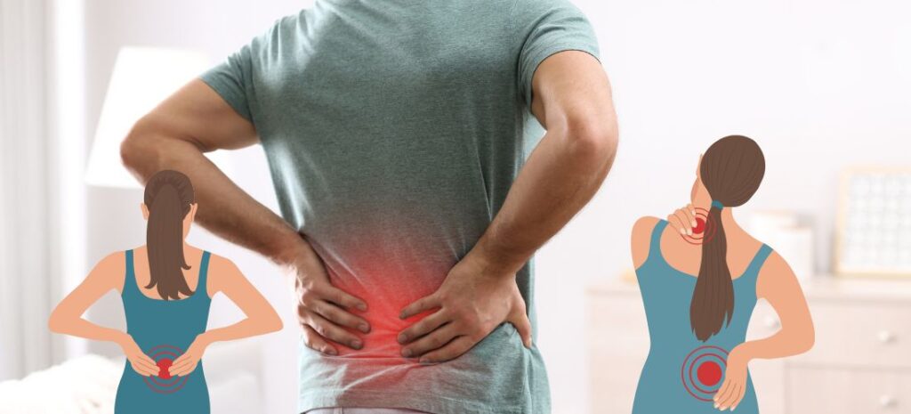 Man with back pain and two female figures highlighting different pain areas on the back and neck.