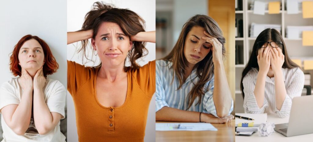 A four-panel image of women expressing stress, anxiety, and frustration through various gestures