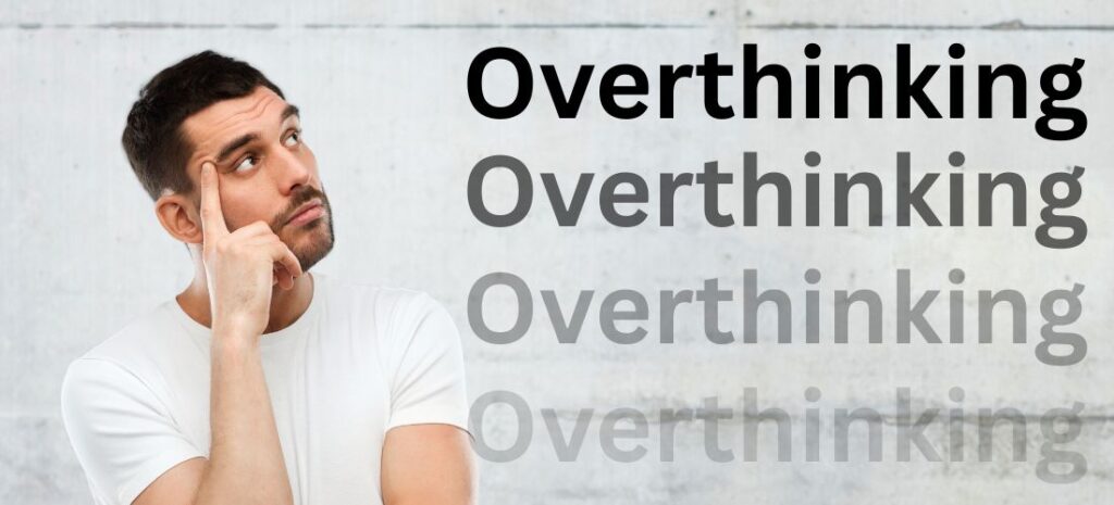 A man with a thoughtful expression pointing to his temple, with the word "Overthinking" repeated multiple times in fading font next to him.