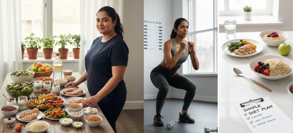 A woman smiling next to a table of healthy food and a woman doing squats in a gym, representing weight loss through diet and exercise.