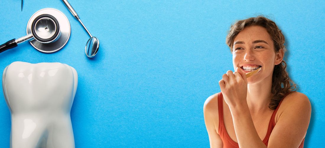 Woman brushing teeth, dental tools, tooth model, teeth whitening