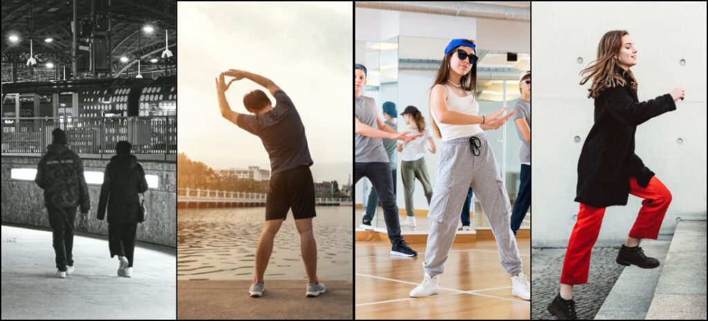 A four-panel collage of people engaged in various exercises, including walking, stretching, dancing, and running up stairs.