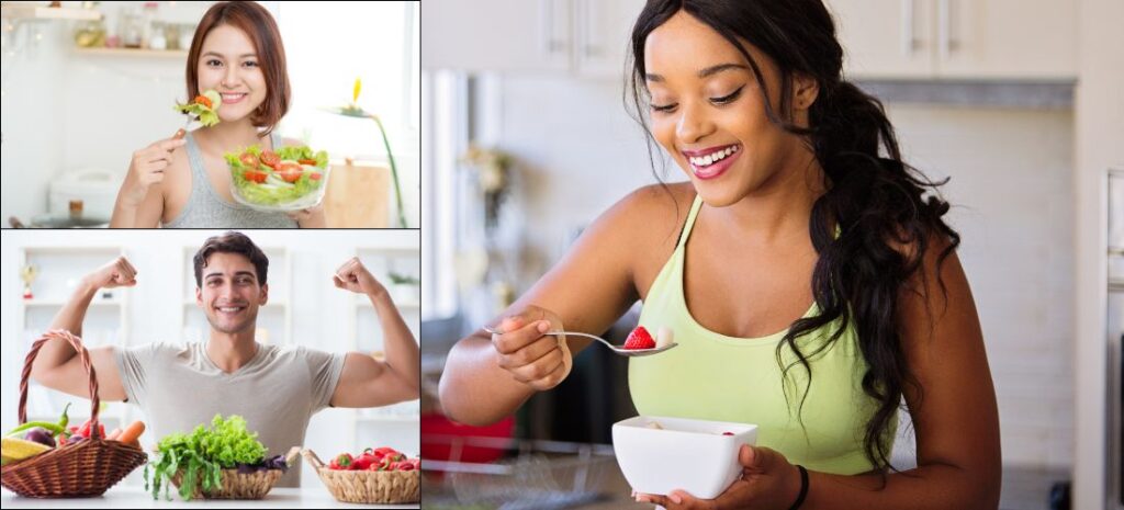 A collage showing people eating healthy food and a muscular man flexing, representing a way to gain weight.