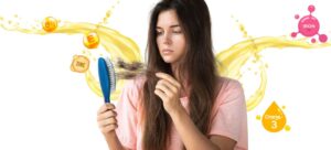 A woman holding a hairbrush with tangled hair and icons of nutrients like zinc and iron, related to hair loss.