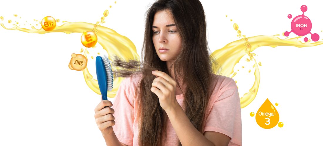 A woman holding a hairbrush with tangled hair and icons of nutrients like zinc and iron, related to hair loss.