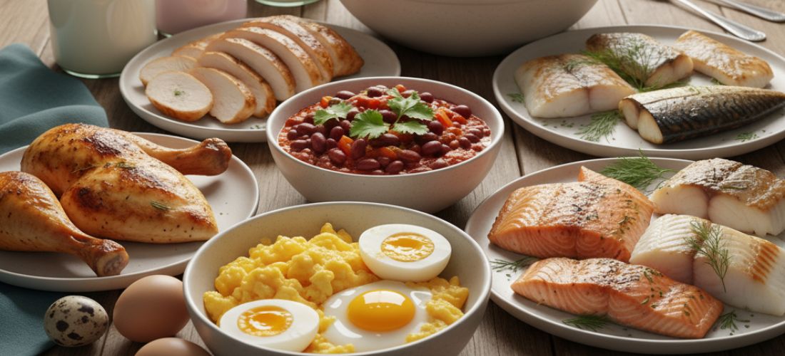 Assorted healthy muscle building foods including protein and healthy fats