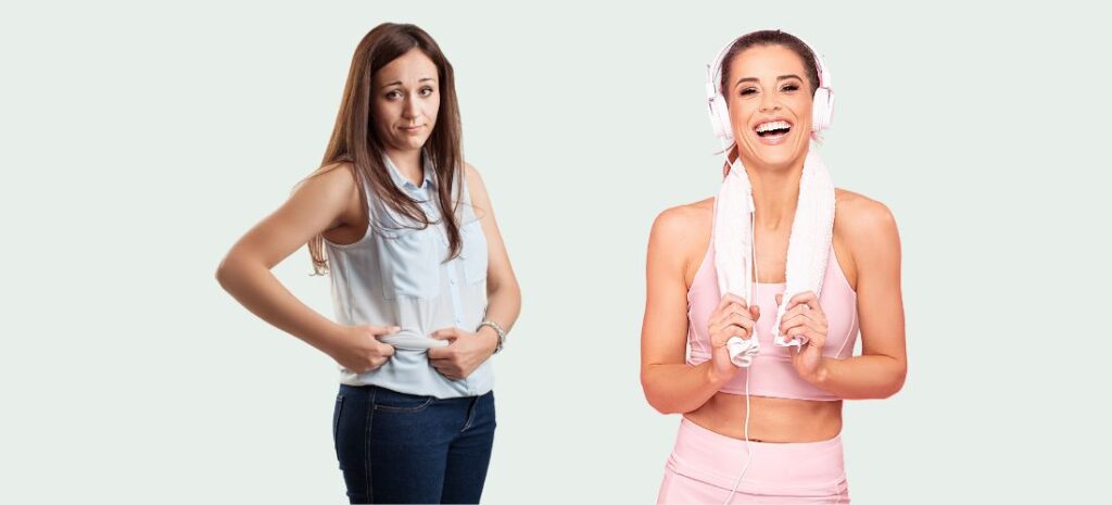 Before and after image of a woman showing weight loss and fat loss results.