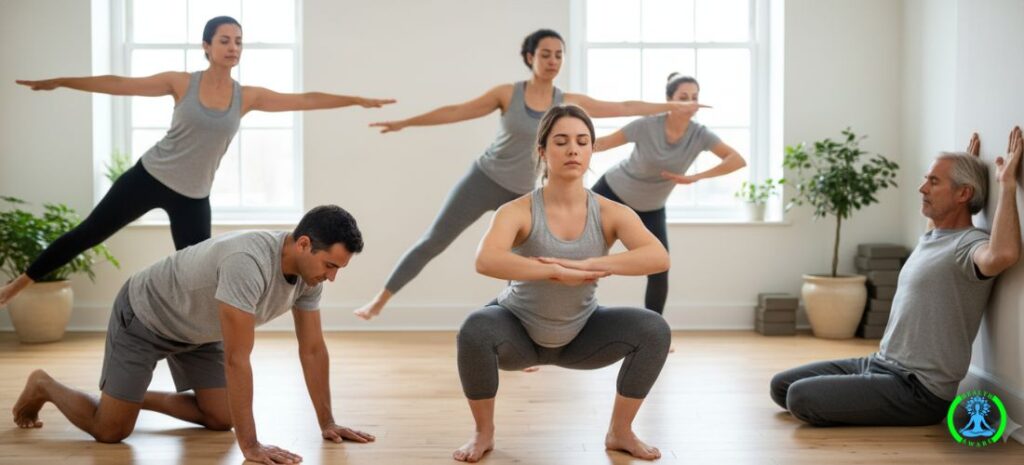 People exercising, squats, balance pose, wall sit, Kegel exercises