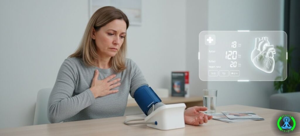 Woman measuring blood pressure, hand on chest, anxious, high blood pressure, how to control high bp