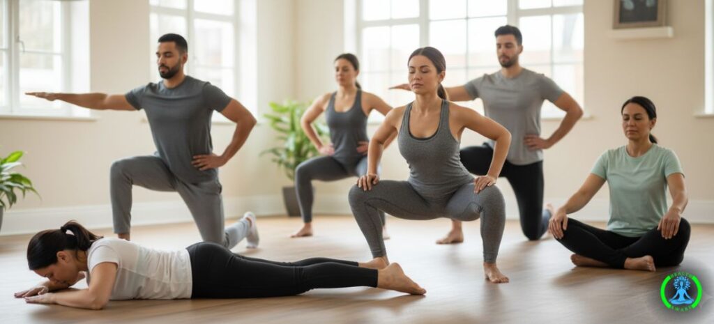 Diverse group exercising, deep squat, lunges, floor pose, Kegel exercises