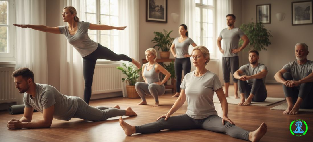 Diverse group practicing yoga, various stretching poses, fitness class, Kegel exercises