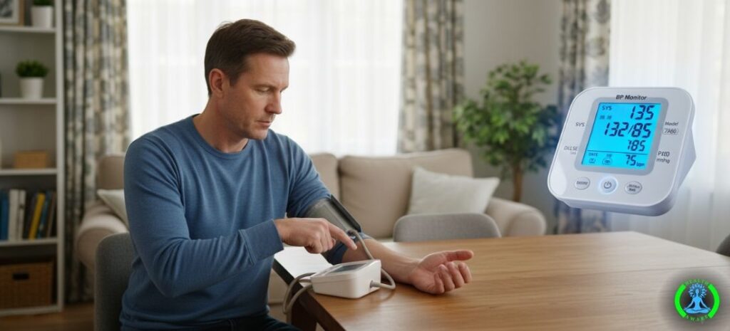 Man measuring blood pressure at home, monitor display, normal blood pressure, how to control blood pressure