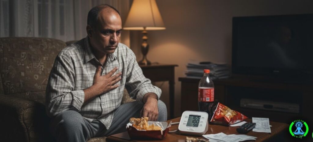 Man with chest pain, blood pressure monitor, unhealthy food, high blood pressure, lower blood pressure naturally